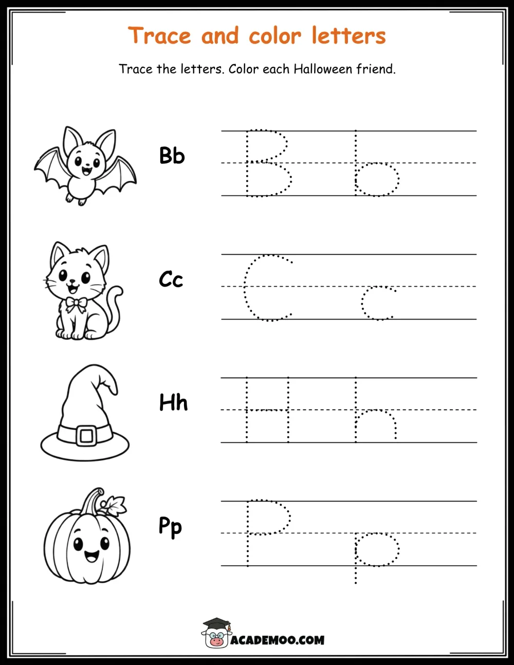 Halloween Trace and Color Letters worksheet kindergarten language arts printable PDF · Printable halloween trace and color letters worksheet for Kindergarten.