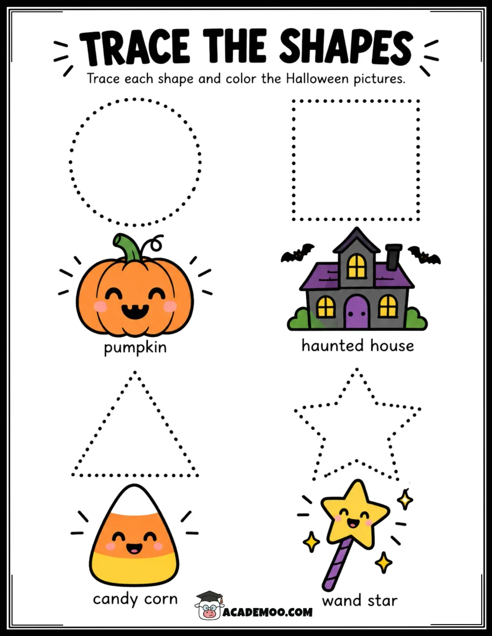 Halloween Trace the Shapes worksheet pre-k math printable PDF · Printable halloween trace the shapes worksheet for Pre-K.