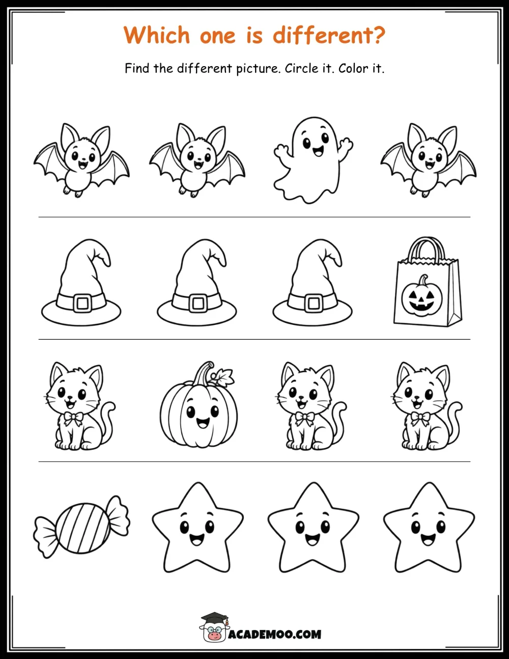 Halloween Which One Is Different? worksheet pre-k math printable PDF · Printable halloween which one is different?