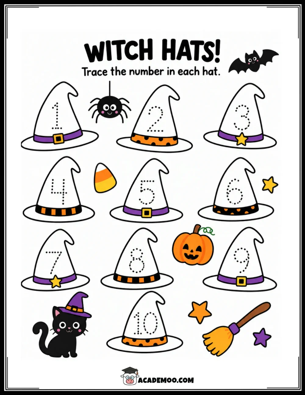 Halloween Witch Hats: Trace Numbers 1-10 worksheet pre-k math printable PDF · Printable halloween witch hats: trace numbers 1-10 worksheet for Pre-K.