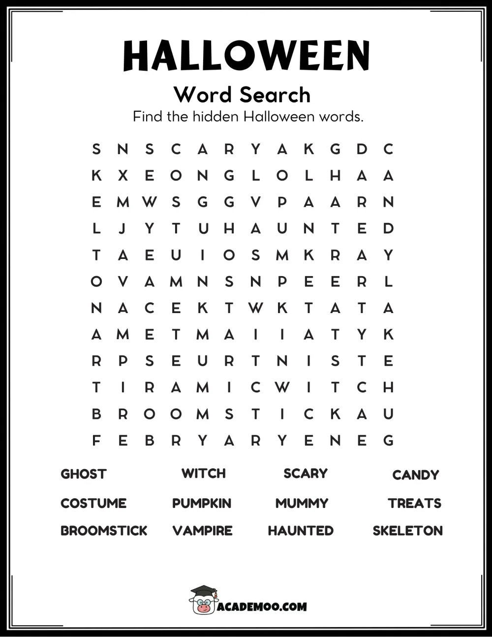 Halloween Word Search worksheet 1st grade language arts printable PDF · Printable halloween word search worksheet for Grade 1.