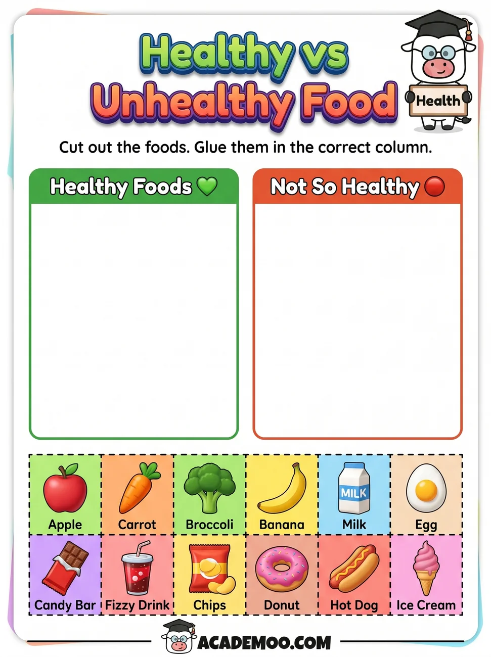 Healthy vs Unhealthy Food Sort worksheet kindergarten science printable PDF · Free printable healthy vs unhealthy food sort worksheet for Kindergarten.