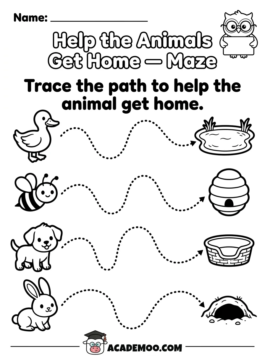 Help the Animals Get Home Maze worksheet pre-k language arts printable PDF · Printable help the animals get home maze worksheet for Pre-K.