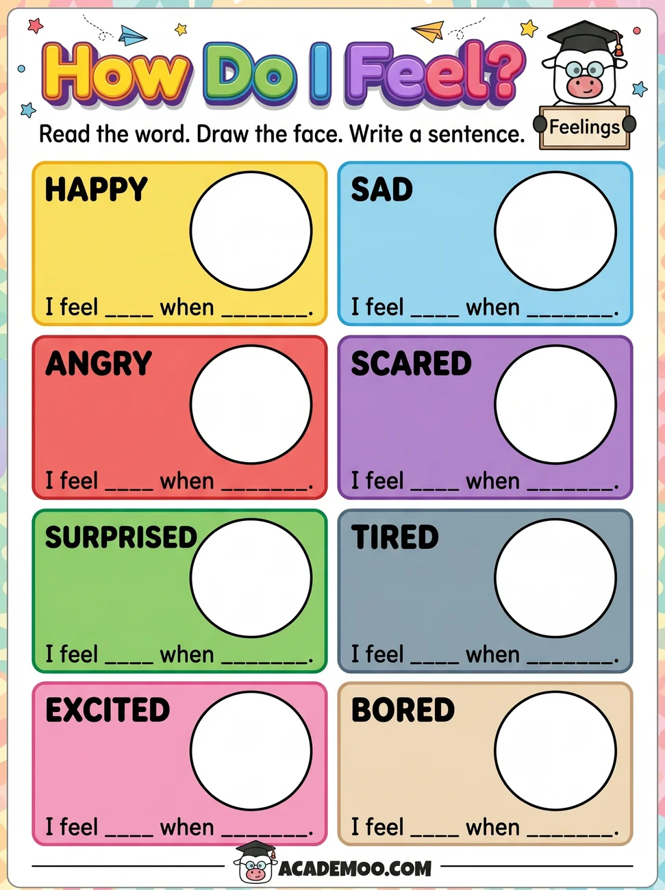 How Do I Feel worksheet kindergarten language arts printable PDF · Printable how do i feel worksheet for Kindergarten.