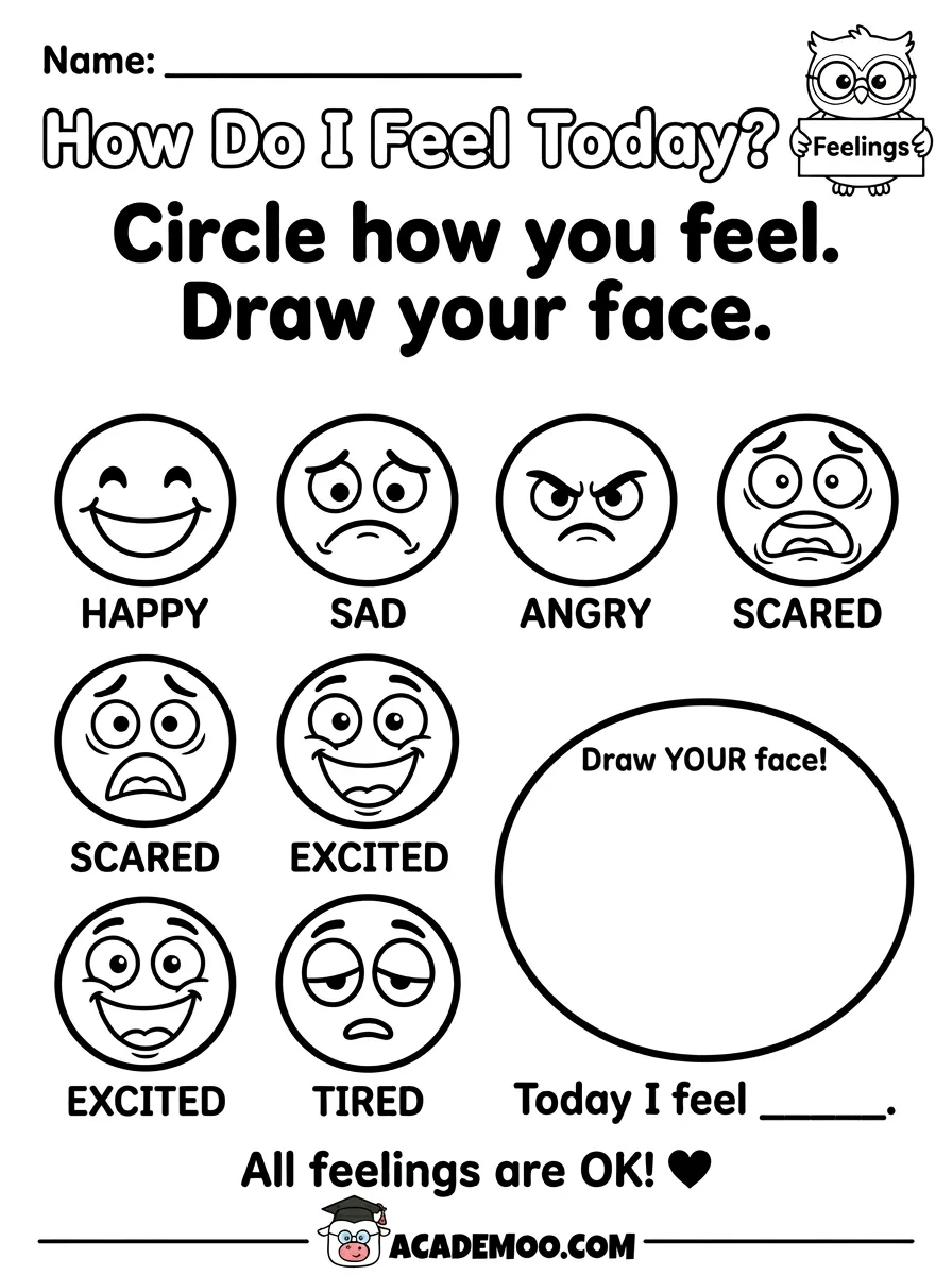 How Do I Feel Today worksheet pre-k language arts printable PDF · Free printable How Do I Feel Today worksheet for Pre-K.