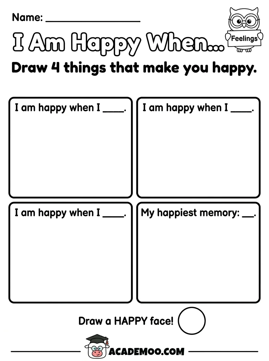 I Am Happy When worksheet pre-k language arts printable PDF · Free printable I Am Happy When worksheet for Pre-K.