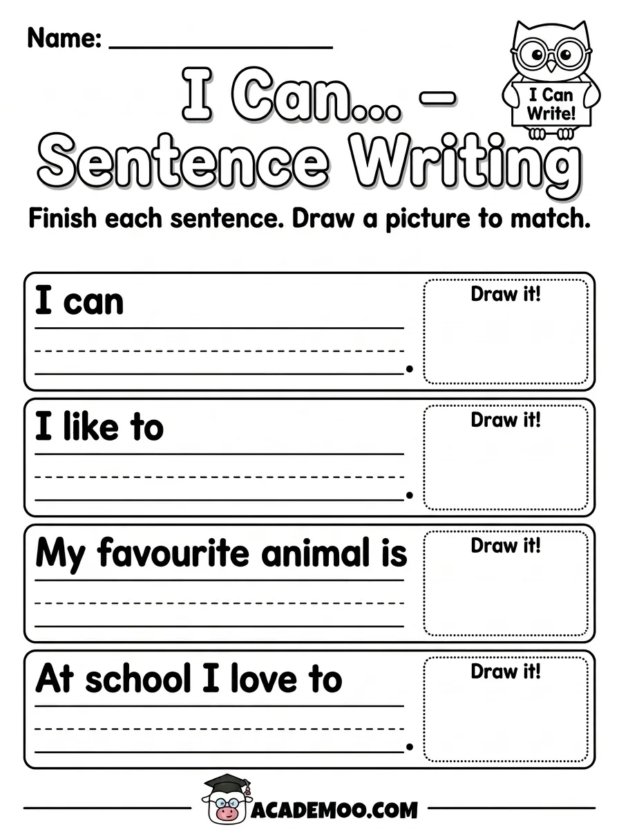 I Can Sentence Writing worksheet kindergarten language arts printable PDF · Printable i can sentence writing worksheet for Kindergarten.