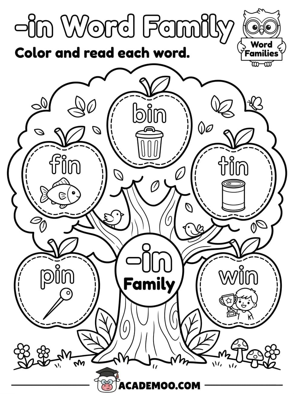 -in Word Family worksheet kindergarten language arts printable PDF · Color and read each -in word on the apple tree: bin, fin, tin, pin, win.