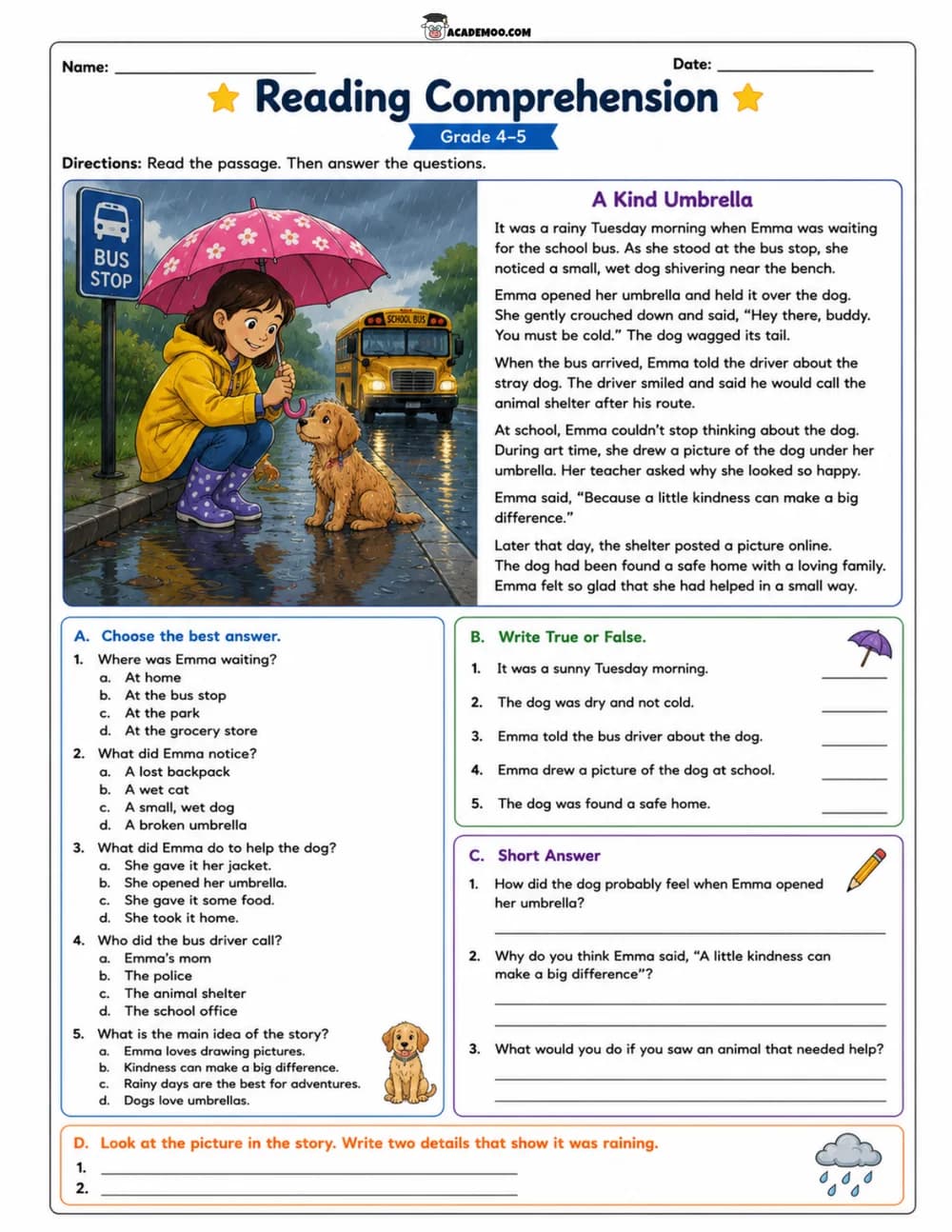 A Kind Umbrella worksheet 5th grade language arts printable PDF · Printable A Kind Umbrella reading comprehension worksheet for 5th Grade.