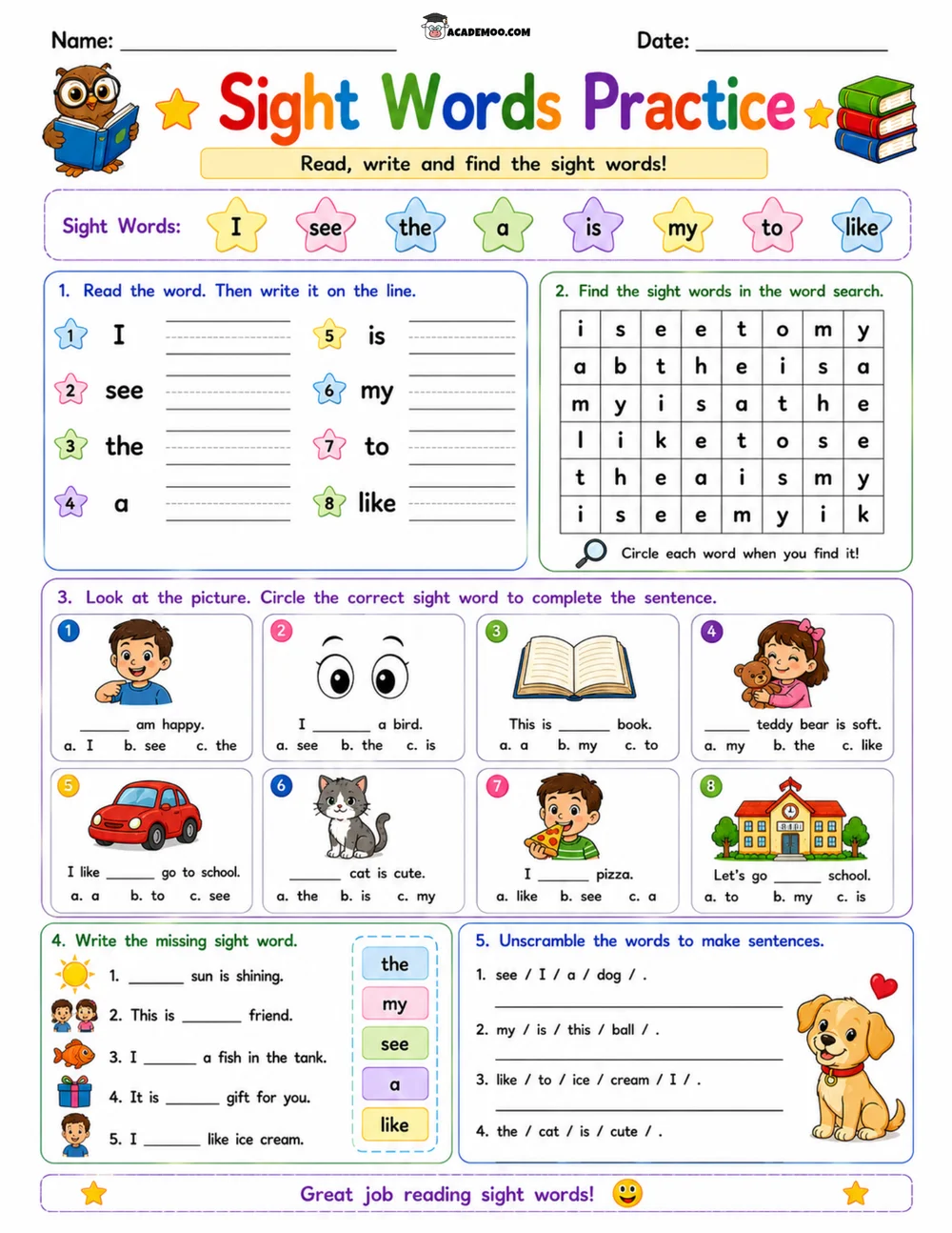 Kindergarten Sight Words Practice 1 worksheet kindergarten language arts printable PDF · Printable kindergarten sight words practice worksheet for Kindergarten.