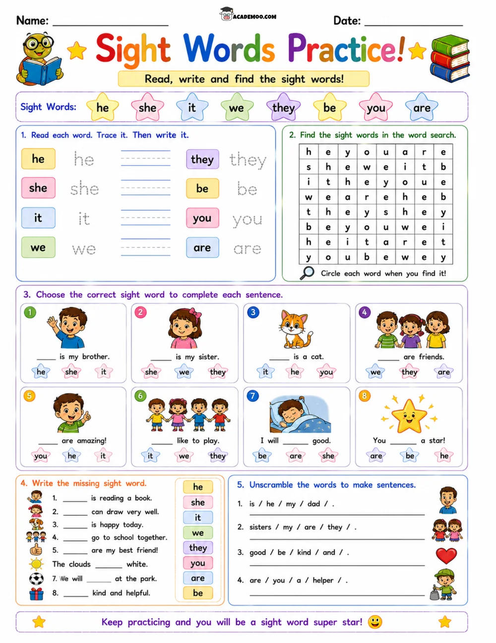 Kindergarten Sight Words Practice 2 worksheet kindergarten language arts printable PDF · Printable kindergarten sight words practice worksheet for Kindergarten.