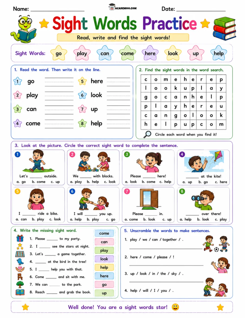 Kindergarten Sight Words Practice 3 worksheet kindergarten language arts printable PDF · Printable kindergarten sight words practice worksheet for Kindergarten.
