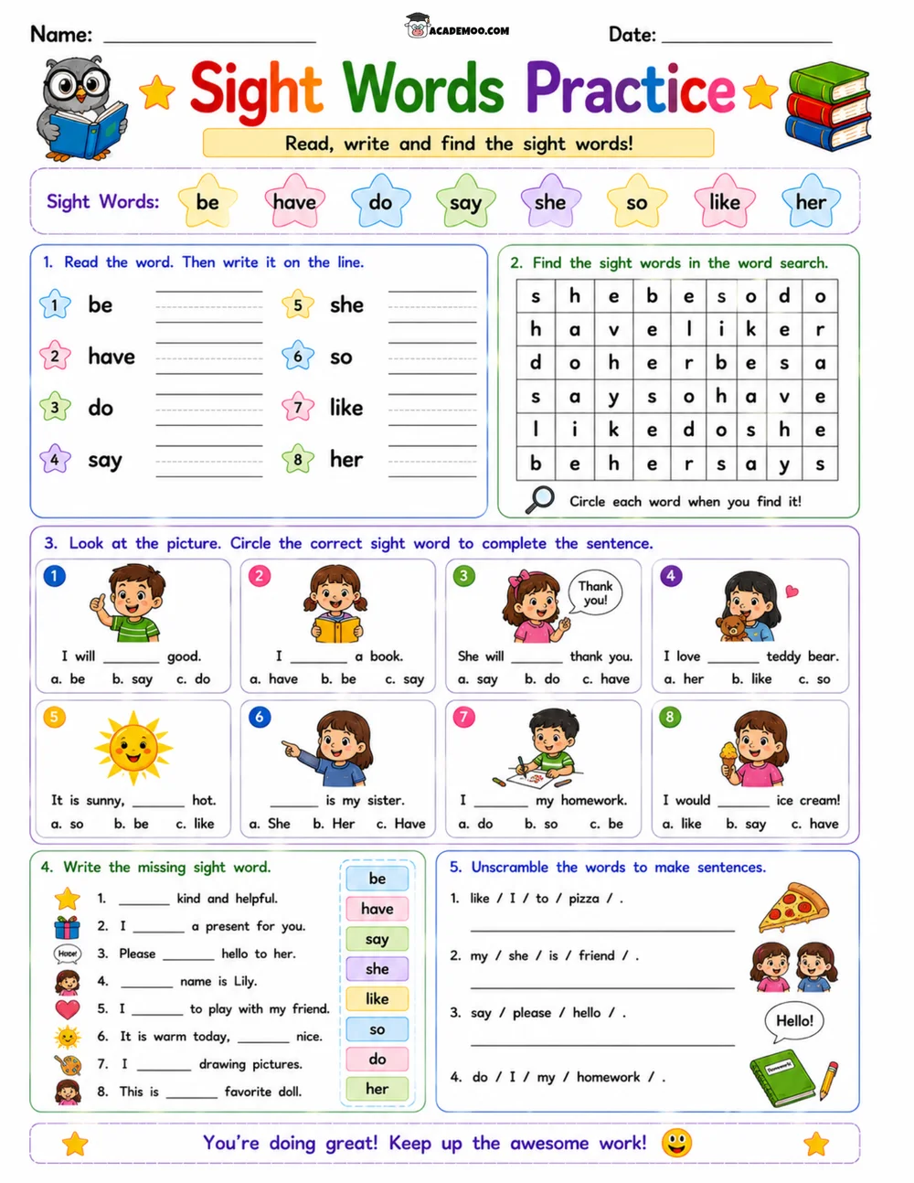 Kindergarten Sight Words Practice 5 worksheet kindergarten language arts printable PDF · Printable kindergarten sight words practice worksheet for Kindergarten.