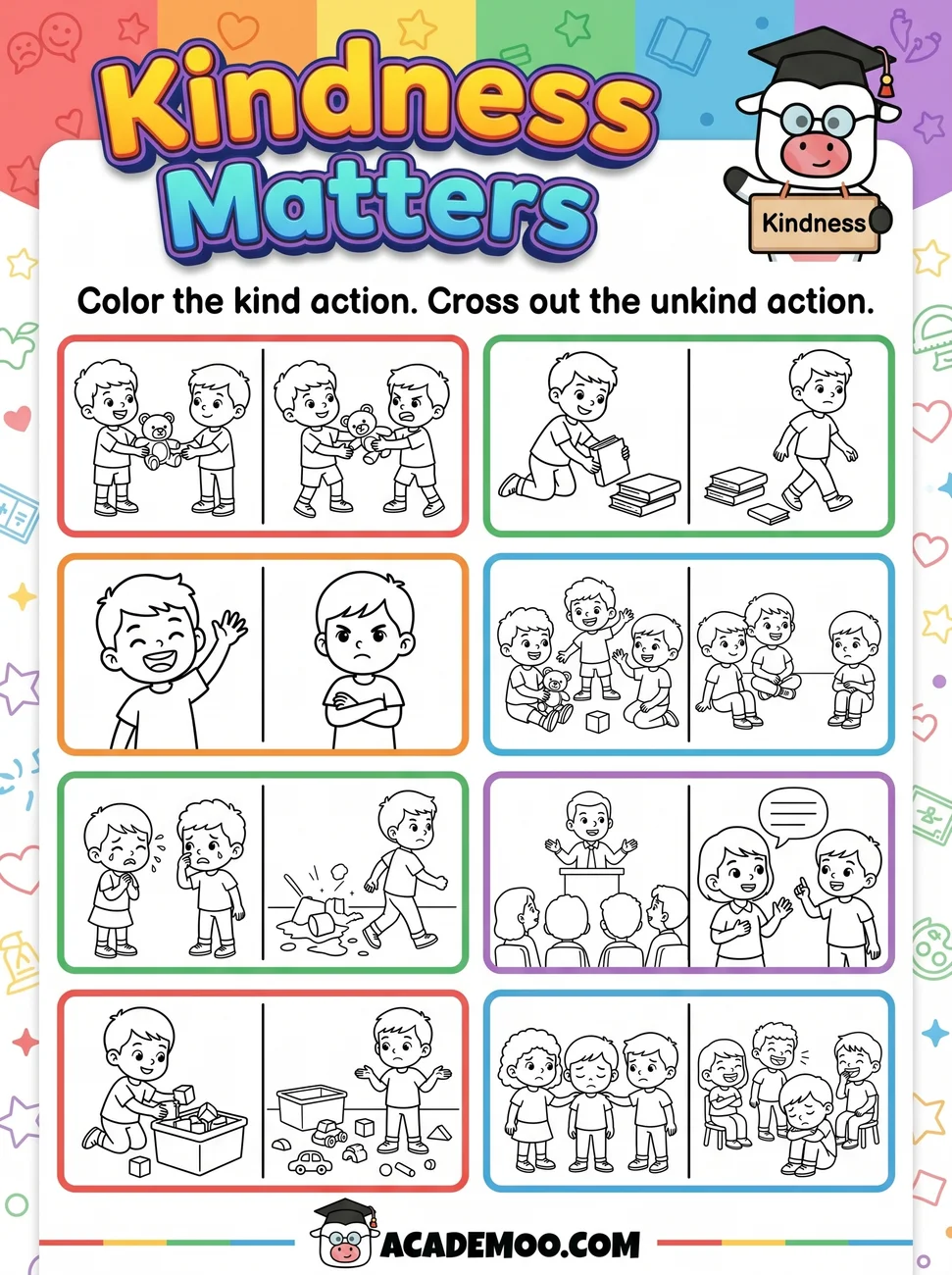 Kindness Matters worksheet kindergarten language arts printable PDF · Printable kindness matters worksheet for Kindergarten.