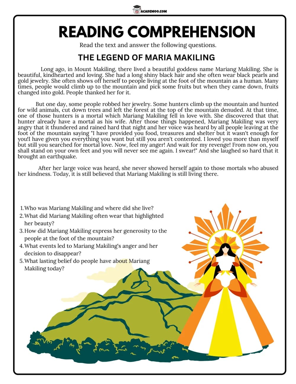 The Legend of Maria Makiling worksheet 5th grade language arts printable PDF · Printable The Legend of Maria Makiling reading comprehension worksheet for 5th Grade.