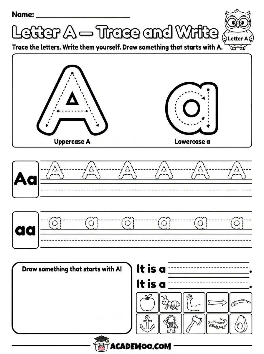 Letter A Trace and Write worksheet pre-k language arts printable PDF · Printable letter a trace and write worksheet for Pre-K.