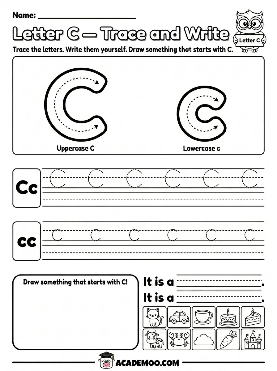 Letter C Trace and Write worksheet pre-k language arts printable PDF · Printable letter c trace and write worksheet for Pre-K.