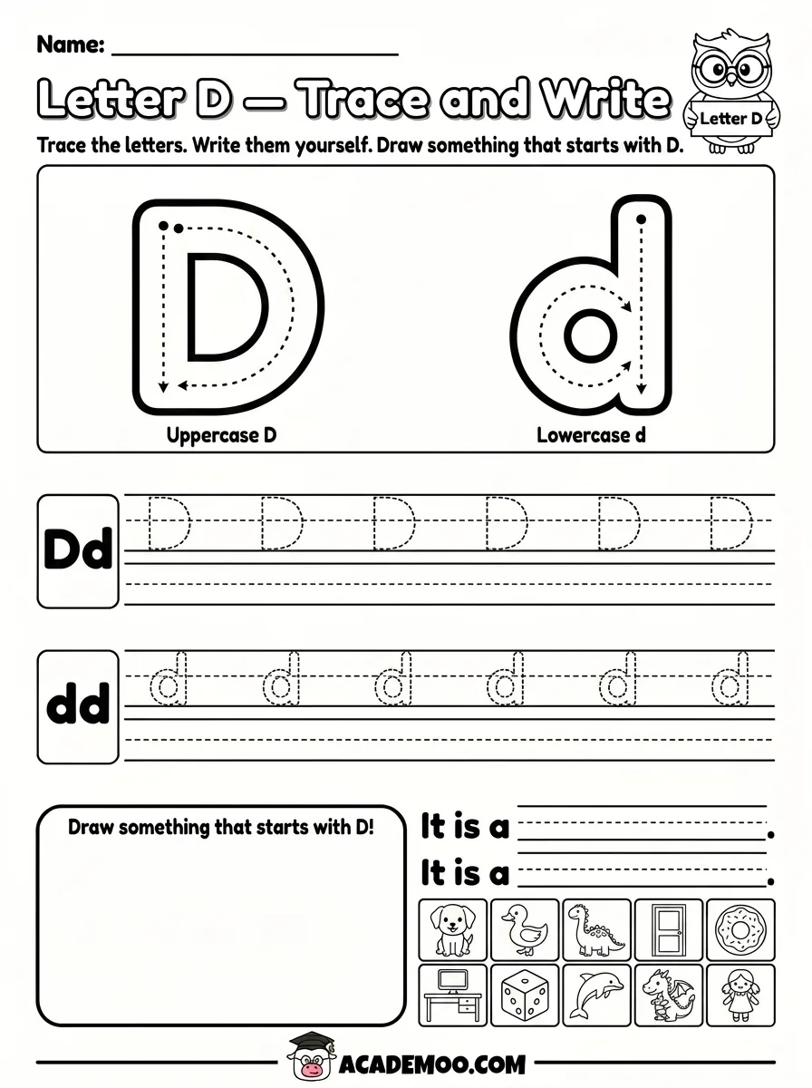 Letter D Trace and Write worksheet pre-k language arts printable PDF · Printable letter d trace and write worksheet for Pre-K.