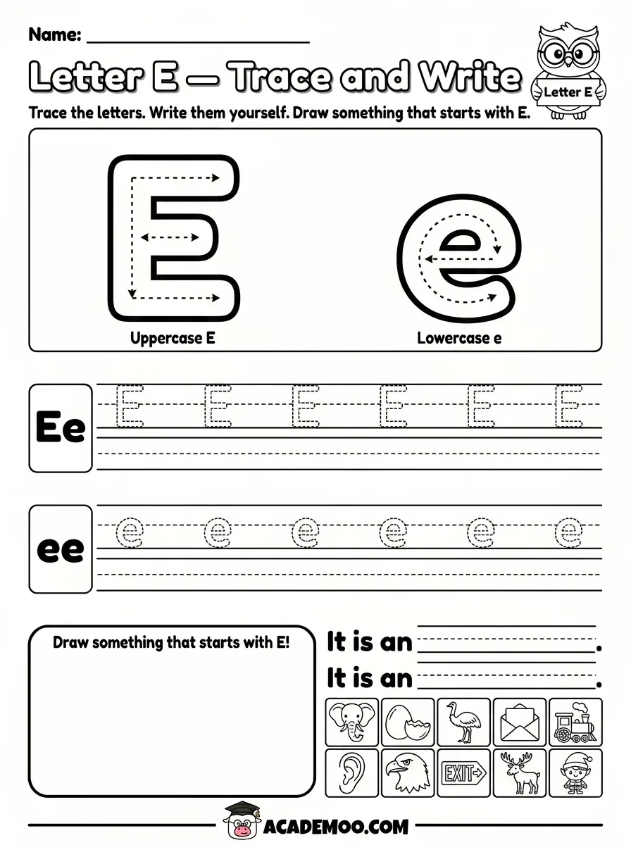 Letter E Trace and Write worksheet pre-k language arts printable PDF · Printable letter e trace and write worksheet for Pre-K.