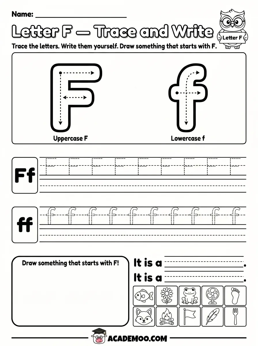 Letter F Trace and Write worksheet pre-k language arts printable PDF · Printable letter f trace and write worksheet for Pre-K.
