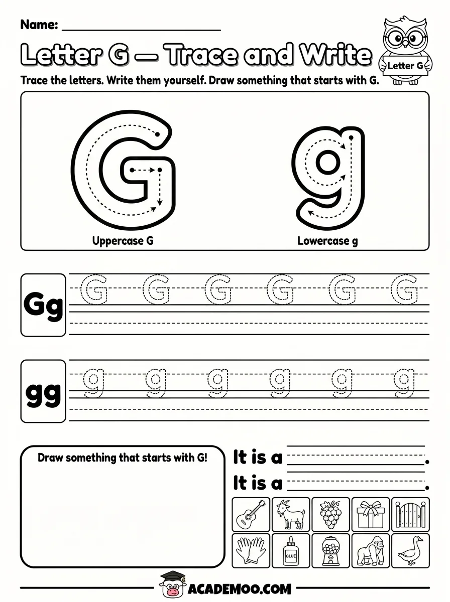 Letter G Trace and Write worksheet pre-k language arts printable PDF · Printable letter g trace and write worksheet for Pre-K.