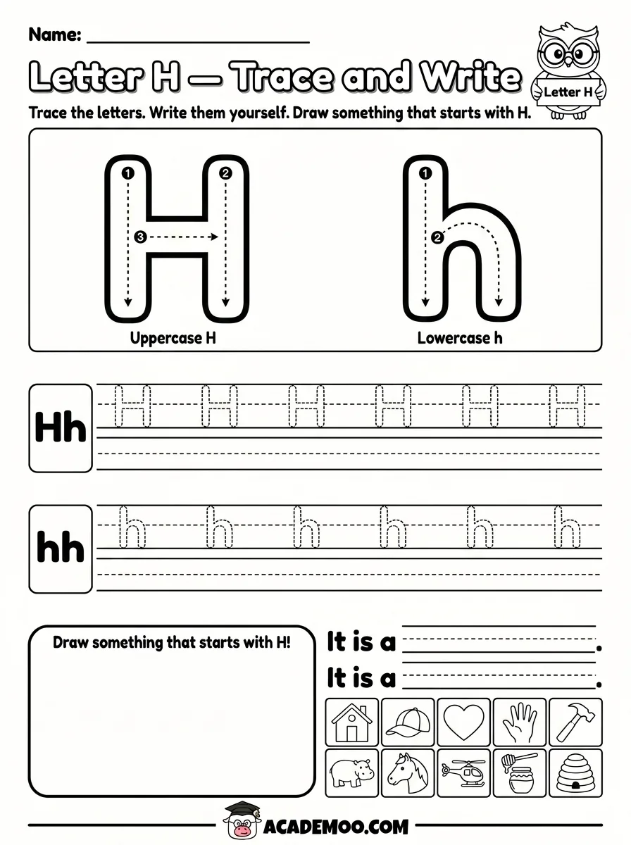 Letter H Trace and Write worksheet pre-k language arts printable PDF · Printable letter h trace and write worksheet for Pre-K.