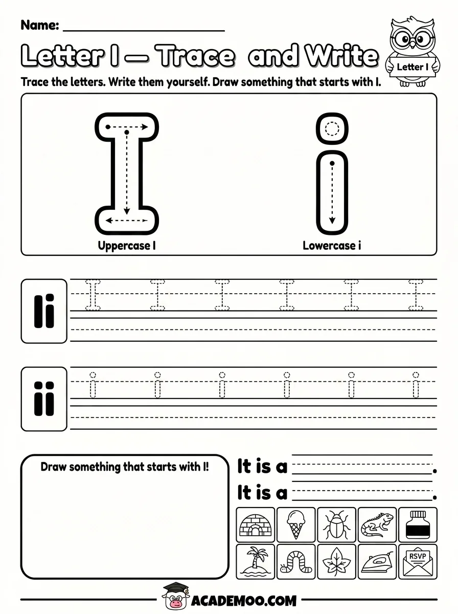 Letter I Trace and Write worksheet pre-k language arts printable PDF · Printable letter i trace and write worksheet for Pre-K.