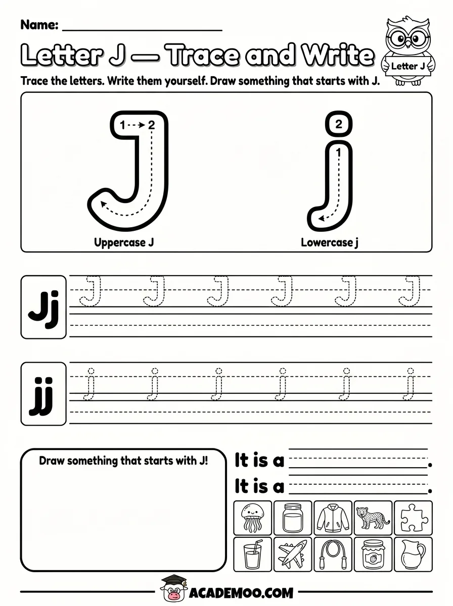 Letter J Trace and Write worksheet pre-k language arts printable PDF · Printable letter j trace and write worksheet for Pre-K.
