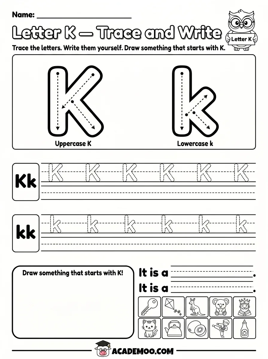 Letter K Trace and Write worksheet pre-k language arts printable PDF · Printable letter k trace and write worksheet for Pre-K.