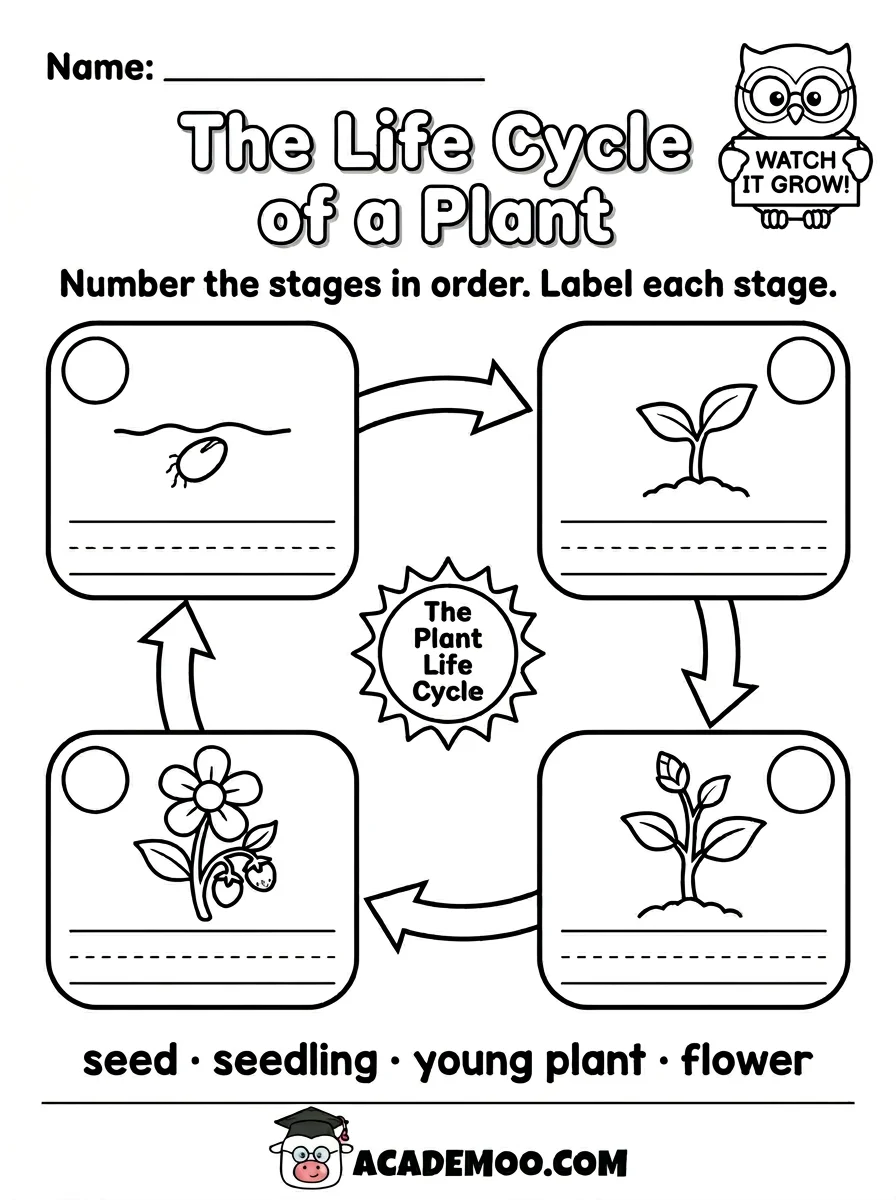 Life Cycle of a Plant worksheet 1st grade science printable PDF · Free printable life cycle of a plant worksheet for 1st Grade.