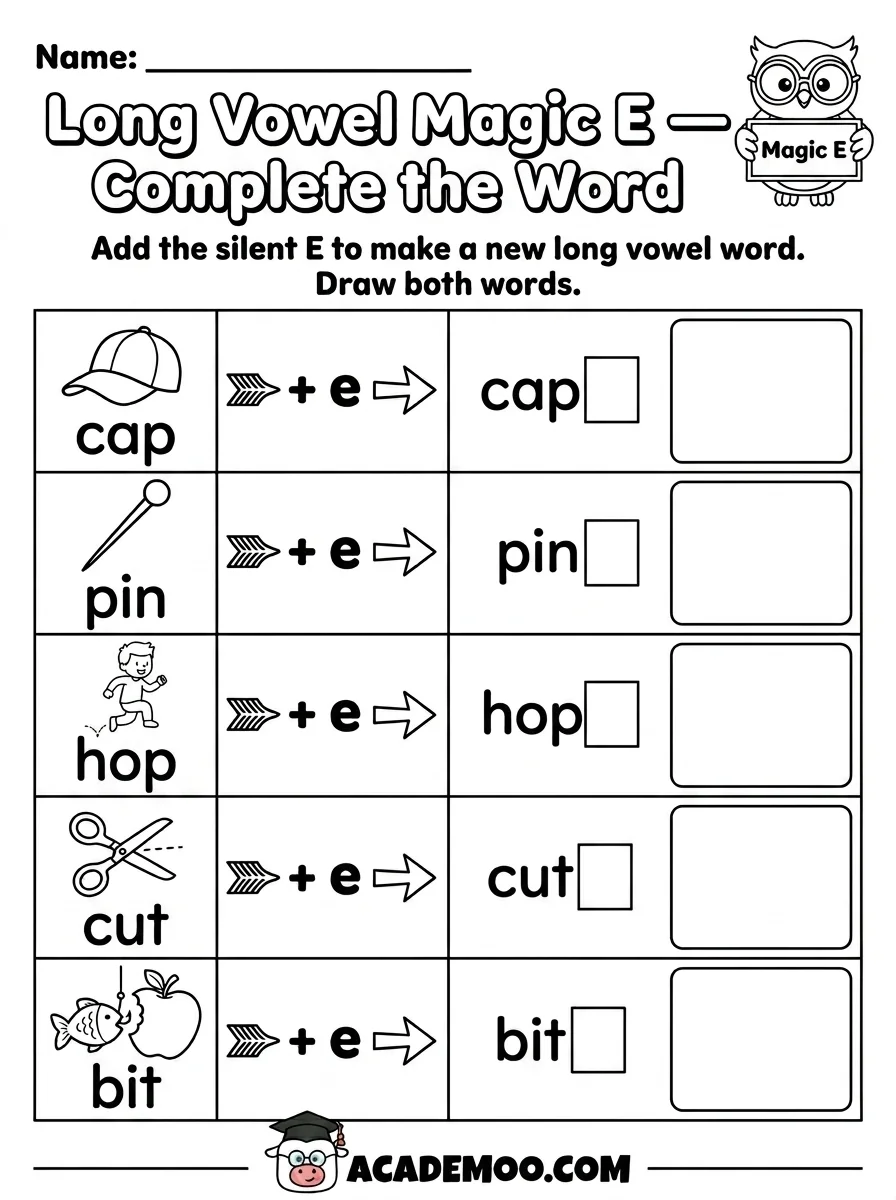 Long Vowel Magic E Complete the Word worksheet 1st grade language arts printable PDF · Printable long vowel magic e complete the word worksheet for 1st Grade.