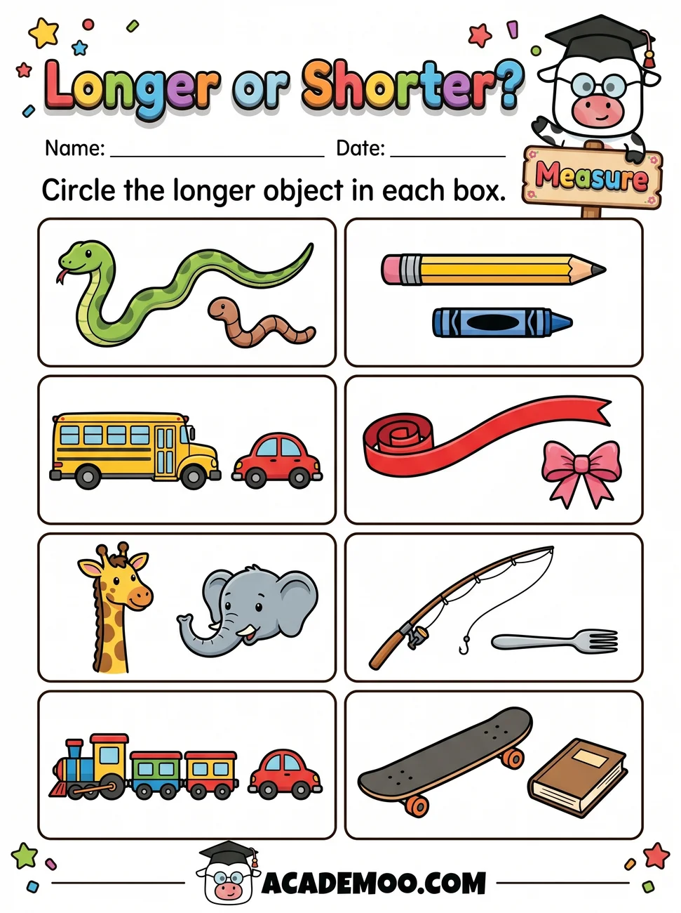 Longer or Shorter worksheet pre-k math printable PDF · Free printable longer or shorter worksheet for Pre-K.