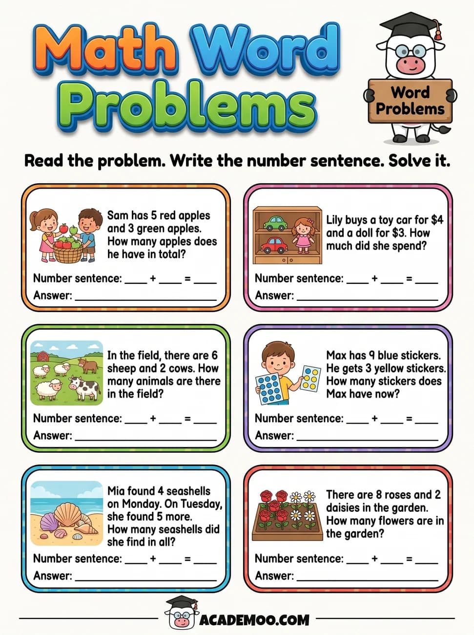 Math Word Problems worksheet 1st grade math printable PDF · Free printable math word problems worksheet for 1st Grade.