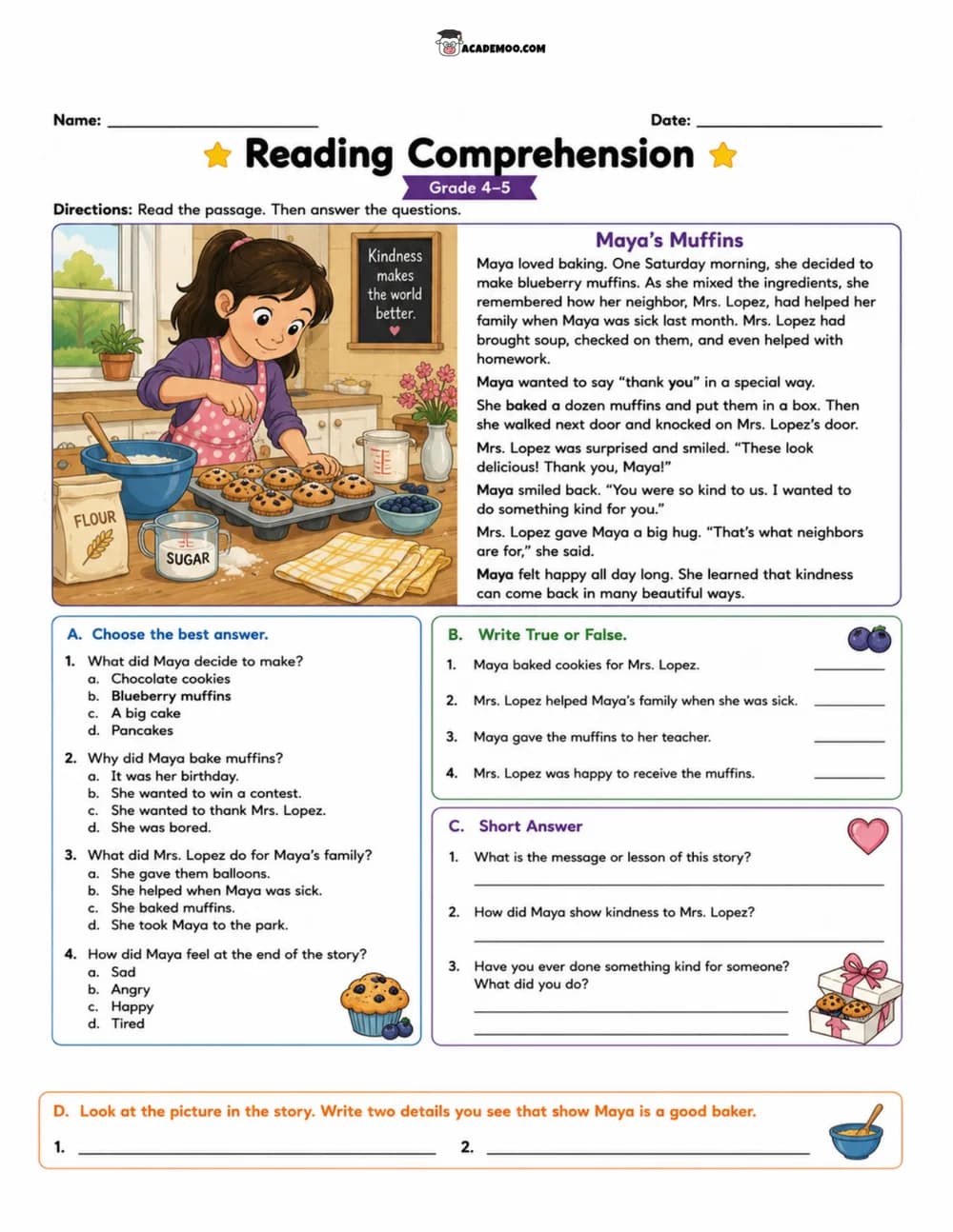 Maya's Muffins worksheet 5th grade language arts printable PDF · Printable Maya's Muffins reading comprehension worksheet for 5th Grade.