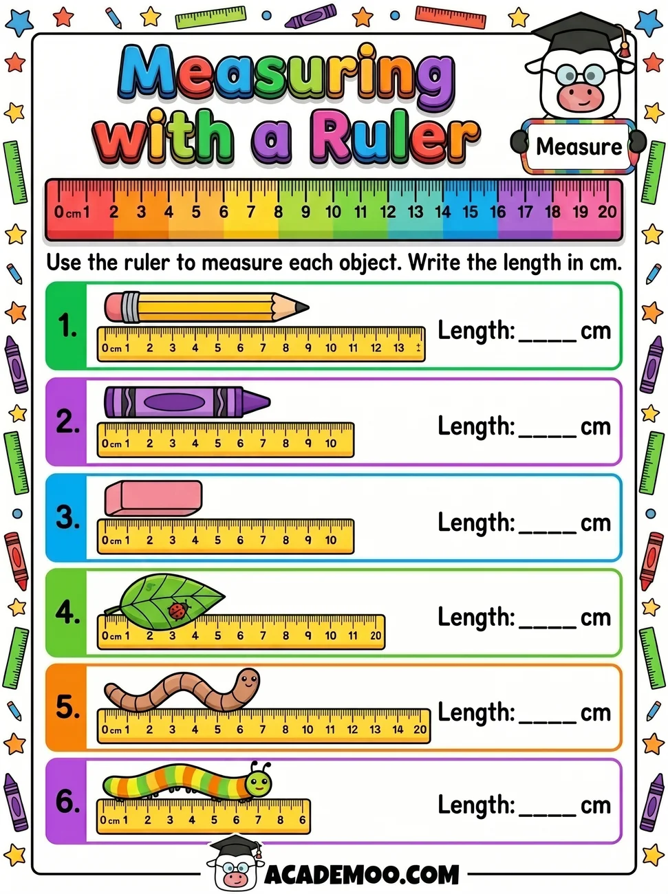 Measuring with a Ruler worksheet 1st grade math printable PDF · Free printable measuring with a ruler worksheet for 1st Grade.