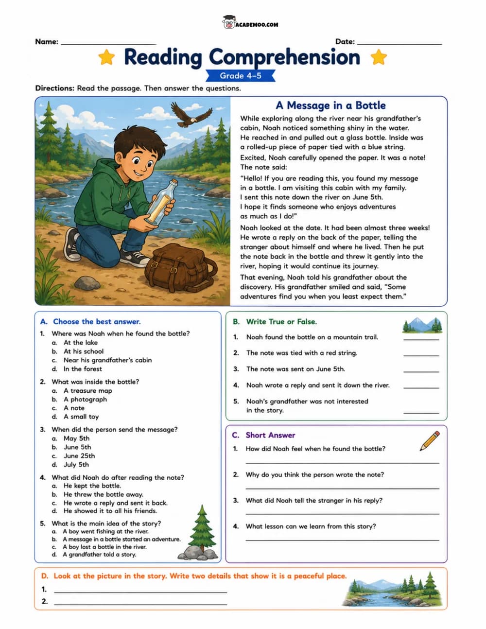 A Message in a Bottle worksheet 5th grade language arts printable PDF · Printable A Message in a Bottle reading comprehension worksheet for 5th Grade.