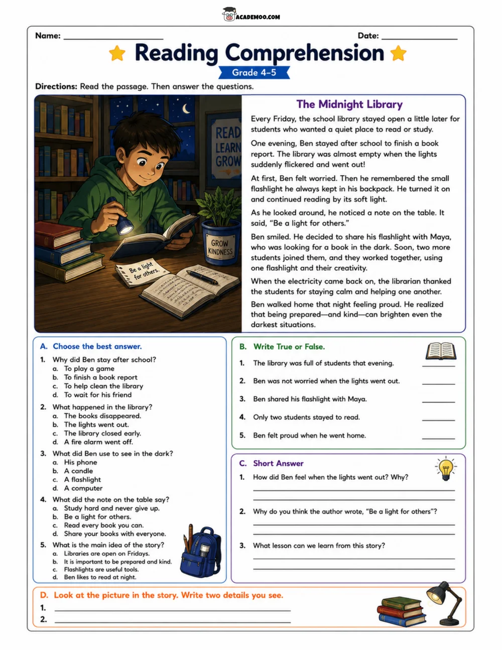 The Midnight Library worksheet 5th grade language arts printable PDF · Printable The Midnight Library reading comprehension worksheet for 5th Grade.