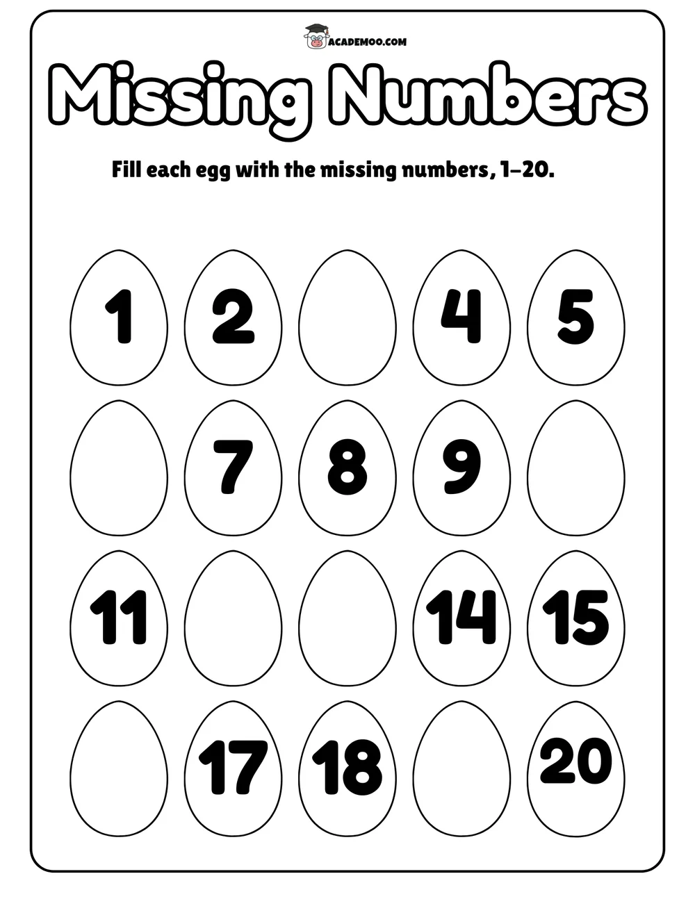 Missing Numbers 1-20 worksheet kindergarten math printable PDF · Printable missing numbers 1-20 worksheet for Kindergarten.