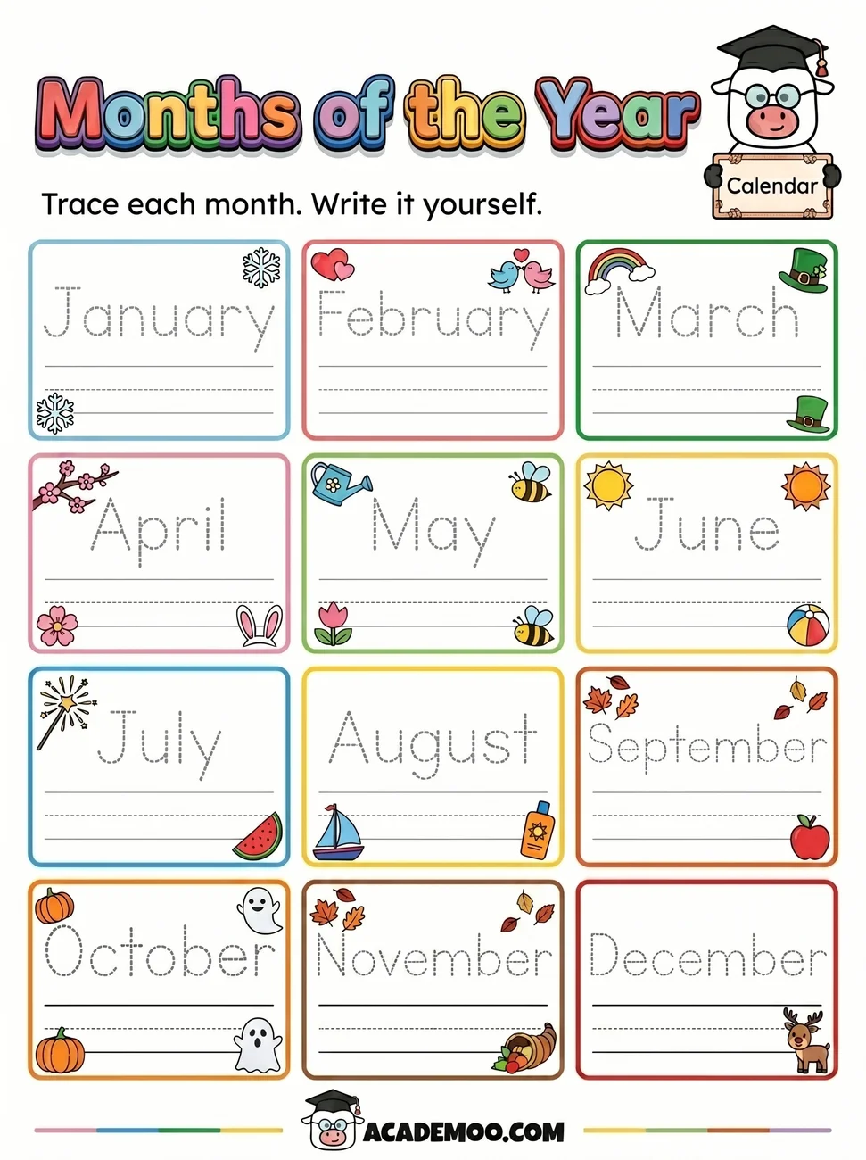 Months of the Year Trace and Write worksheet kindergarten language arts printable PDF · Printable months of the year trace and write worksheet for Kindergarten.