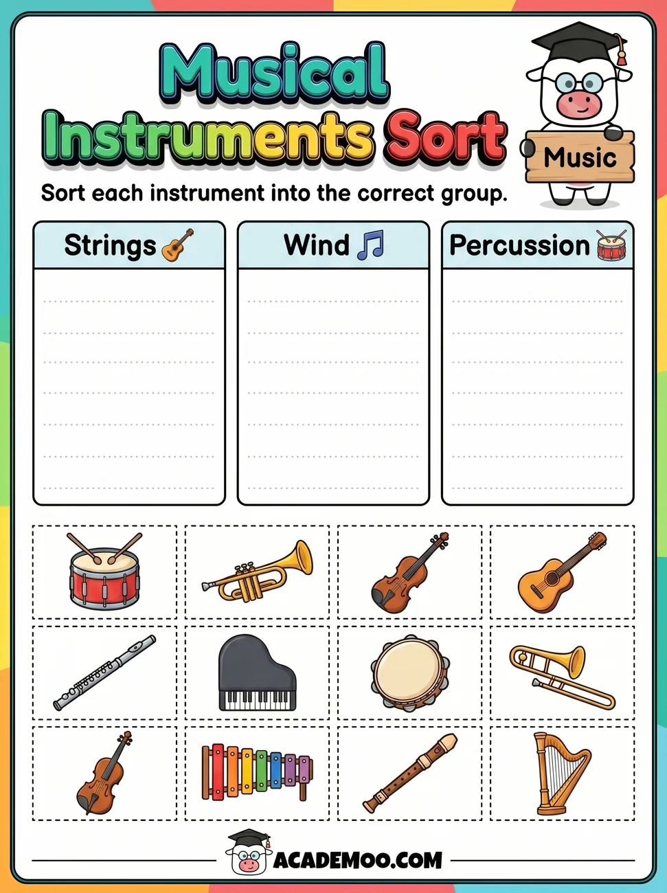 Musical Instruments Sort worksheet kindergarten language arts printable PDF · Printable musical instruments sort worksheet for Kindergarten.