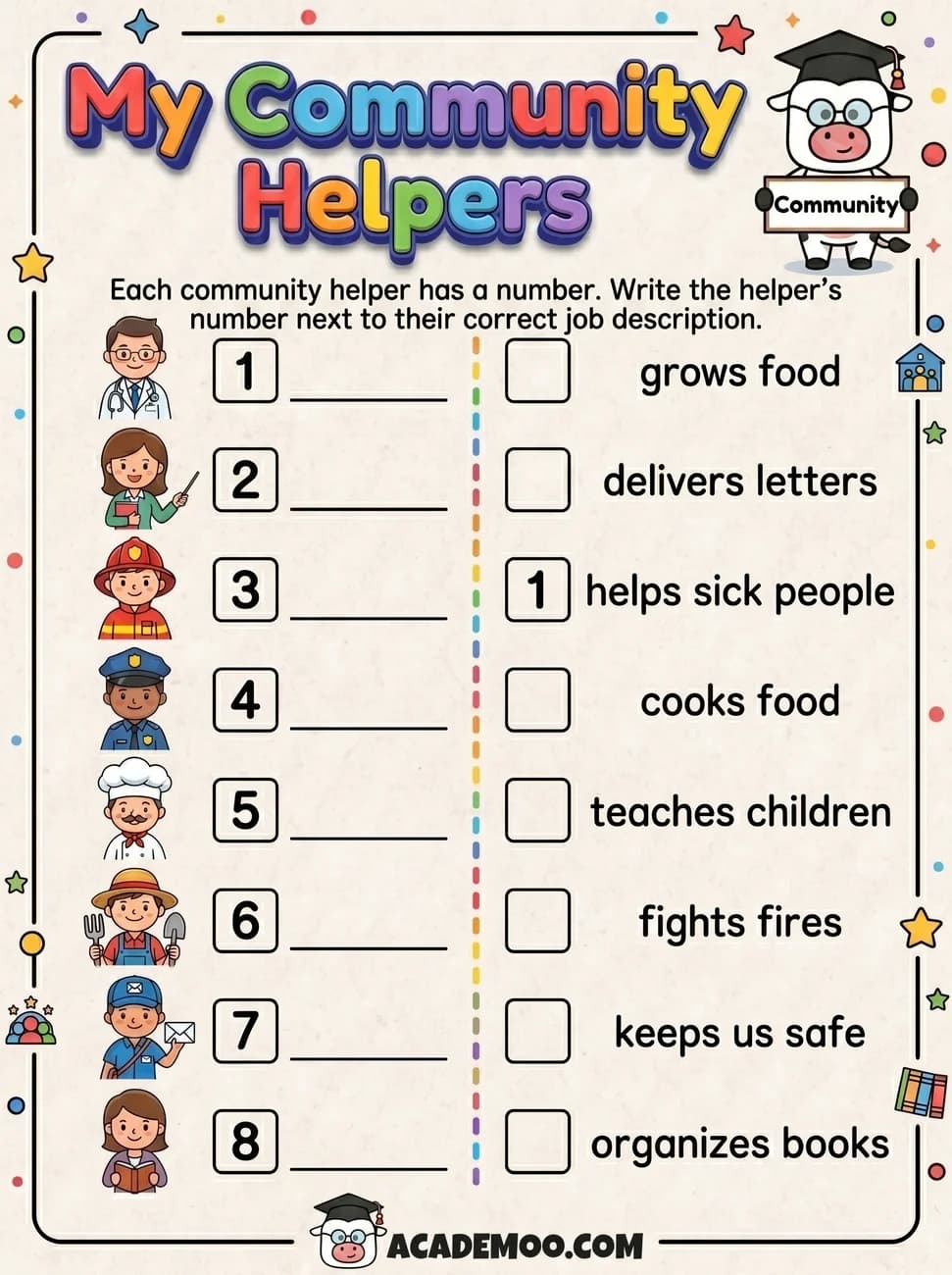 My Community Helpers worksheet kindergarten language arts printable PDF · Printable my community helpers worksheet for Kindergarten.