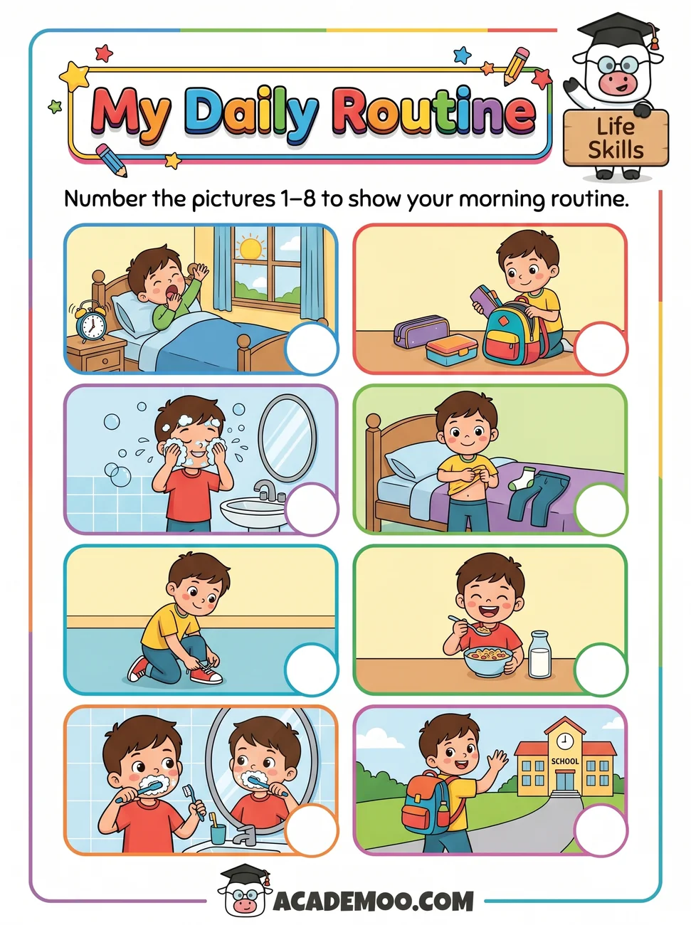My Daily Routine Sequencing worksheet pre-k language arts printable PDF · Free printable my daily routine sequencing worksheet for Pre-K.