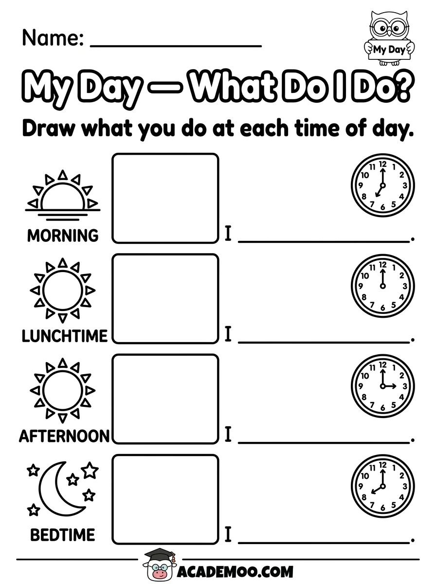 My Day What Do I Do worksheet pre-k language arts printable PDF · Free printable My Day What Do I Do worksheet for Pre-K.