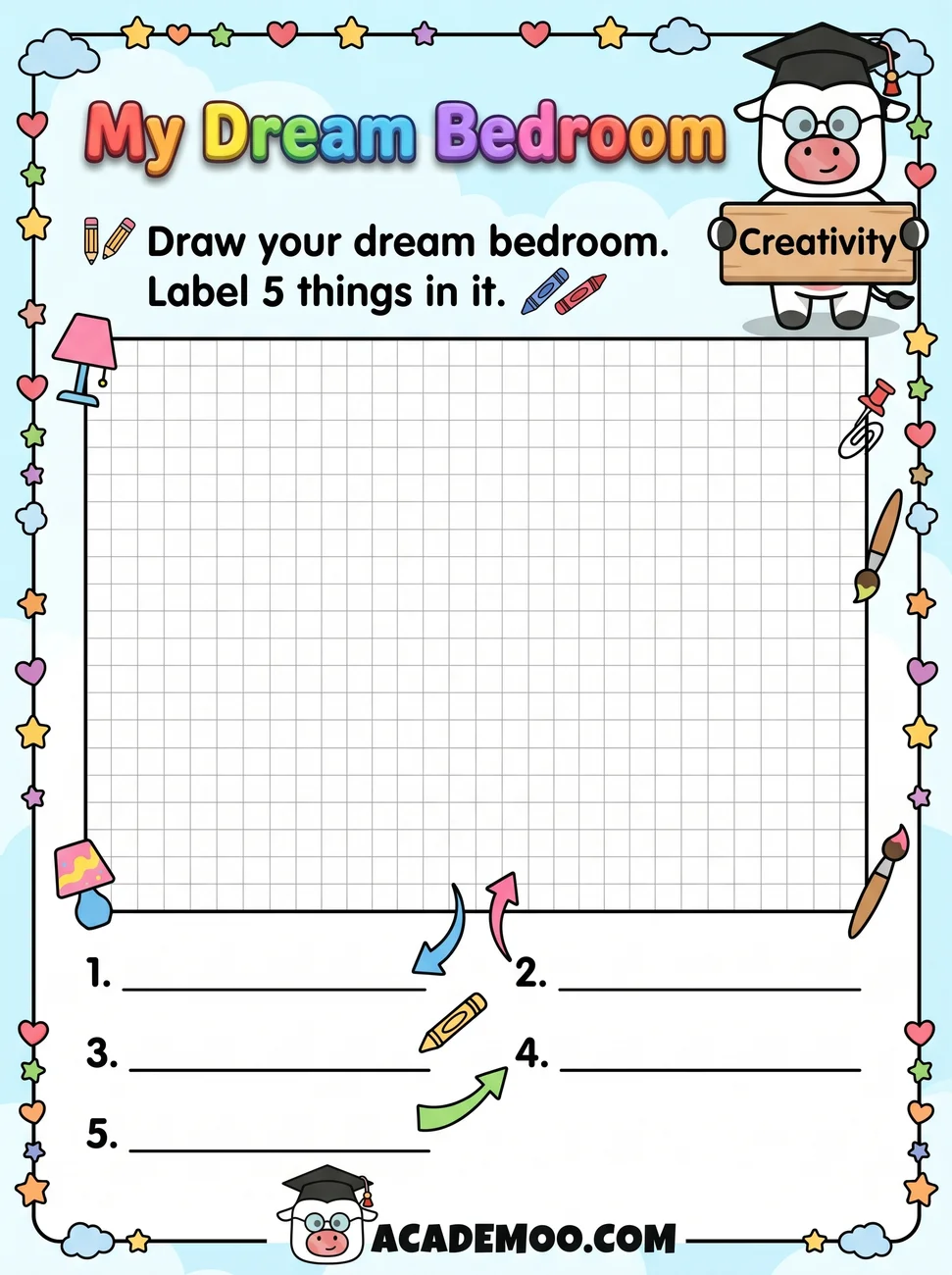 My Dream Bedroom worksheet kindergarten language arts printable PDF · Printable my dream bedroom worksheet for Kindergarten.