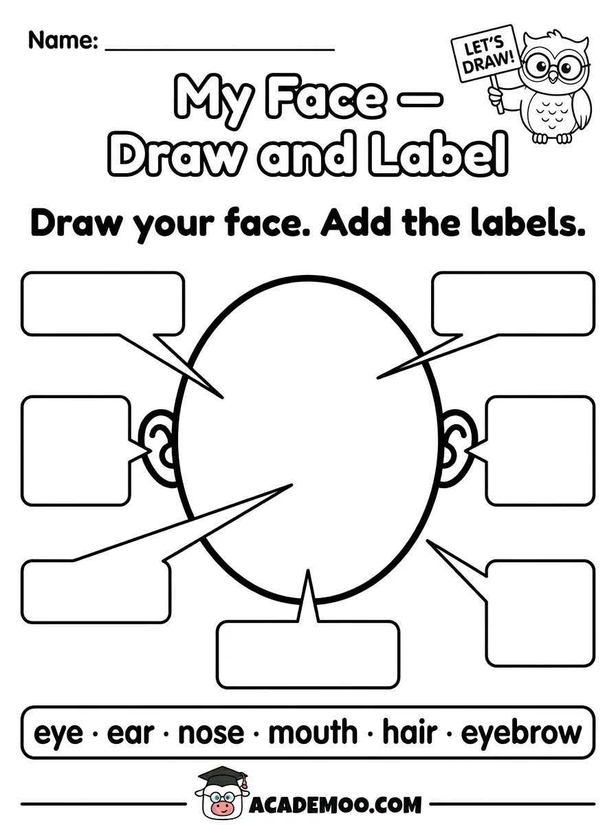 My Face Draw and Label worksheet pre-k language arts printable PDF · Free printable My Face Draw and Label worksheet for Pre-K.
