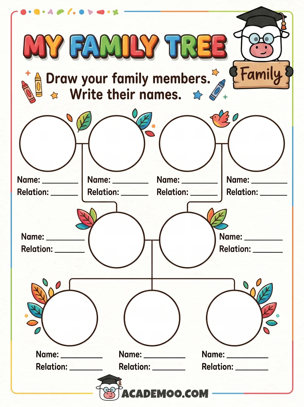 My Family Tree worksheet kindergarten language arts printable PDF · Printable my family tree worksheet for Kindergarten.