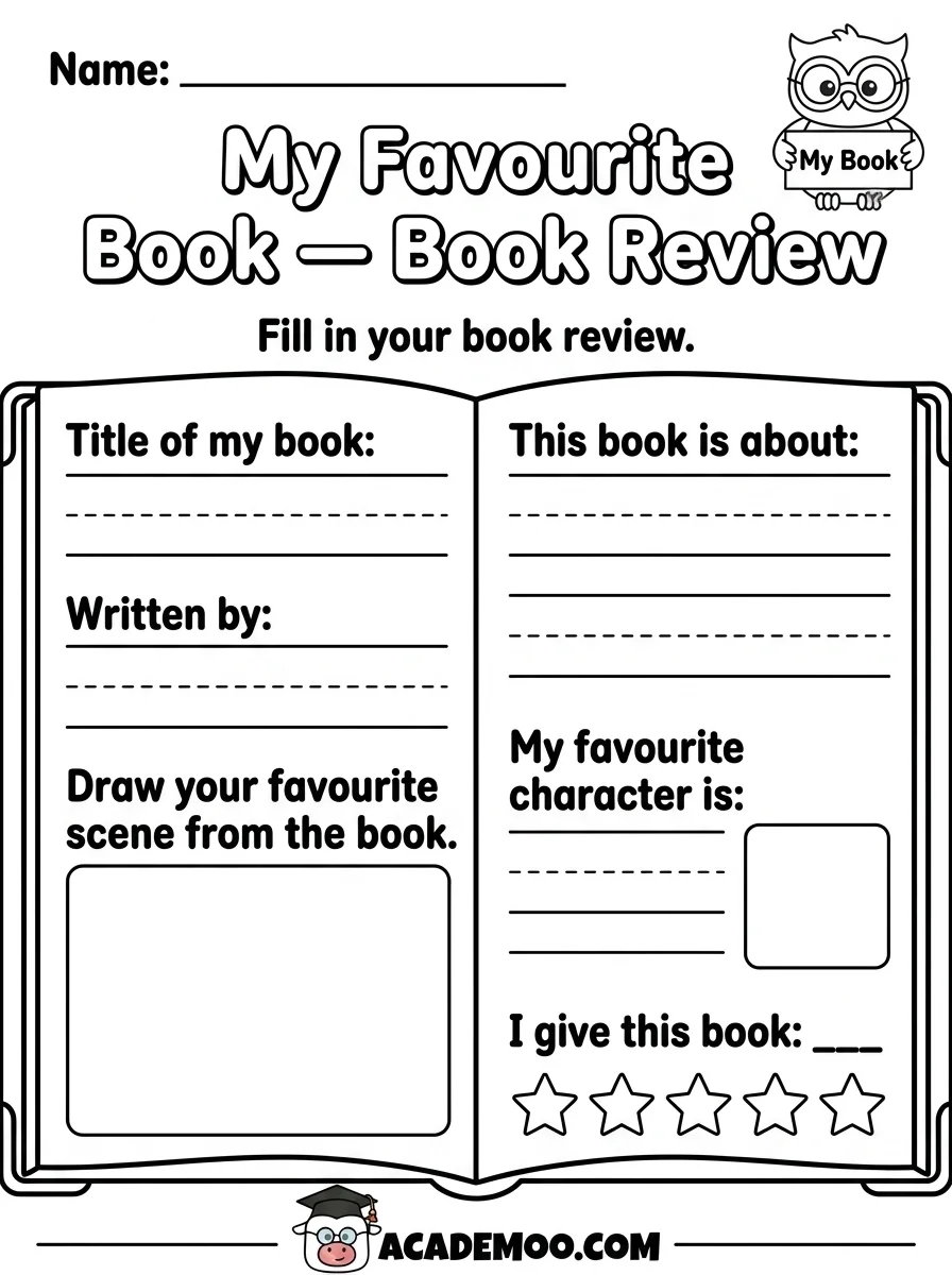 My Favorite Book Review worksheet 1st grade language arts printable PDF · Printable my favorite book review worksheet for 1st Grade.