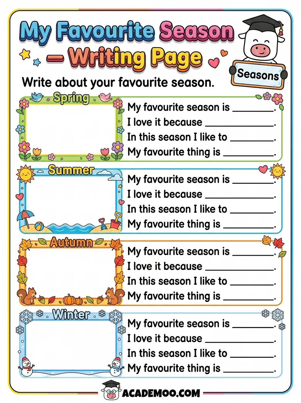 My Favorite Season Writing Page worksheet 1st grade language arts printable PDF · Free printable my favorite season writing page worksheet for 1st Grade.