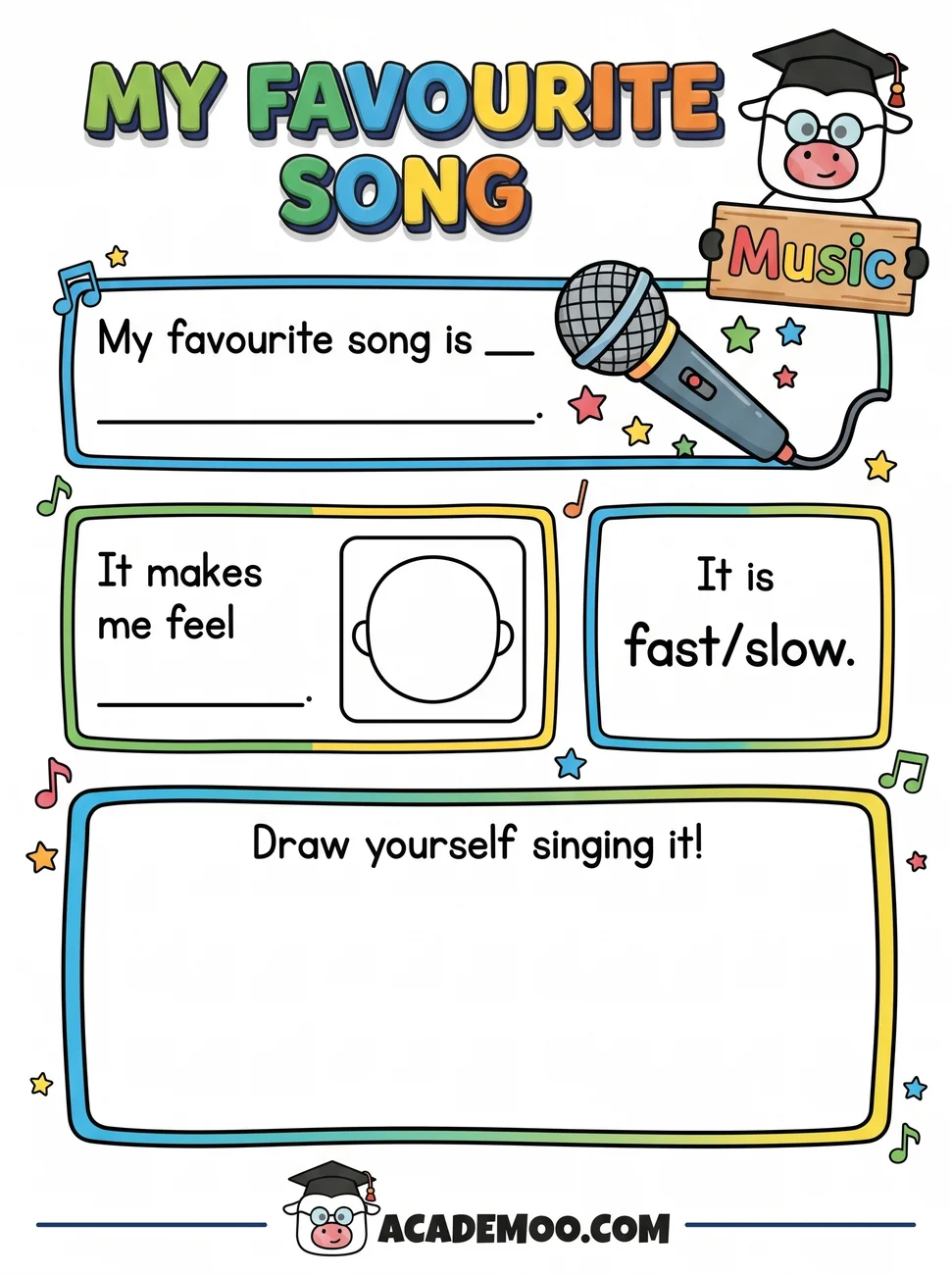 My Favorite Song worksheet pre-k language arts printable PDF · Free printable my favorite song worksheet for Pre-K.