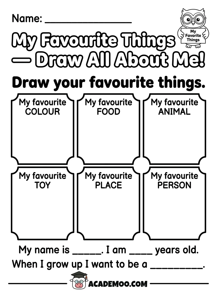 My Favorite Things Draw All About Me worksheet pre-k language arts printable PDF · Free printable My Favorite Things Draw All About Me worksheet for Pre-K.